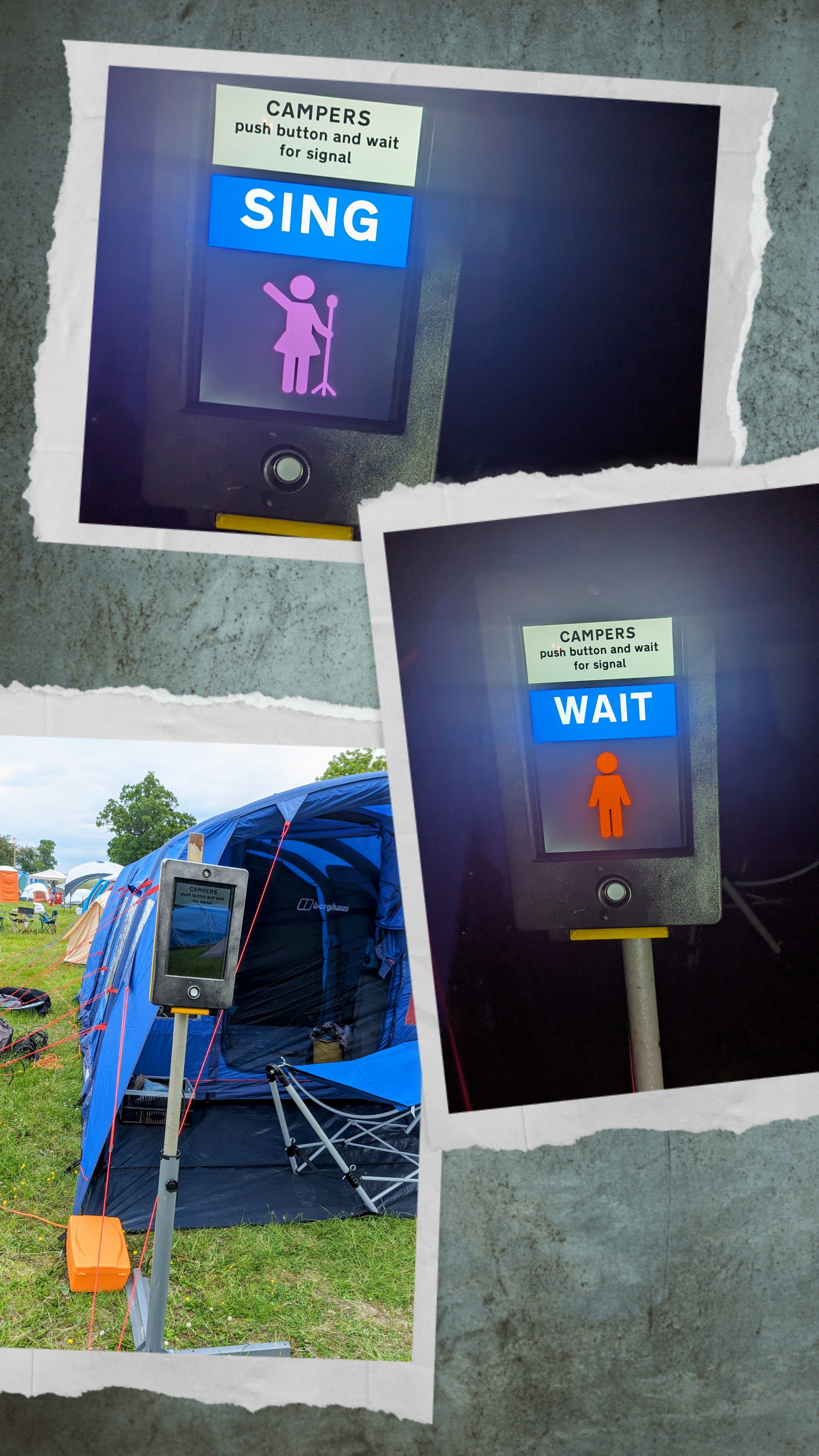 A collage of three images showing the crossing box. One shows the crossing in context during the day, and the remaining two show two states of the box at night.