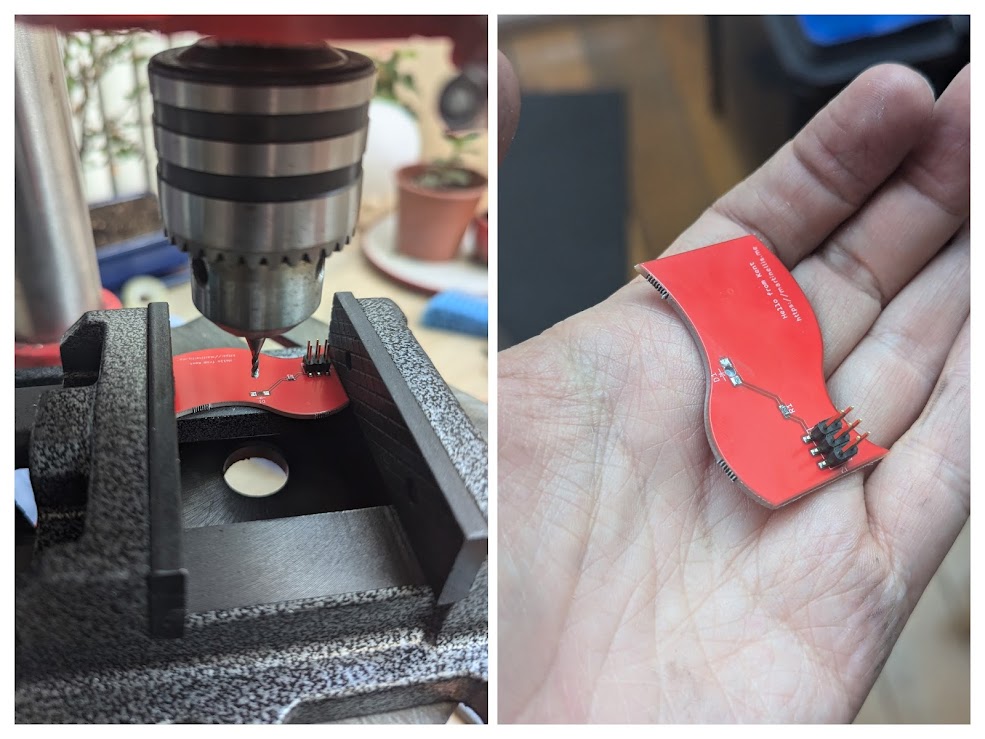 A collage, left picture shows board in a drill vice, the right shows the PCB with the small milled cavity